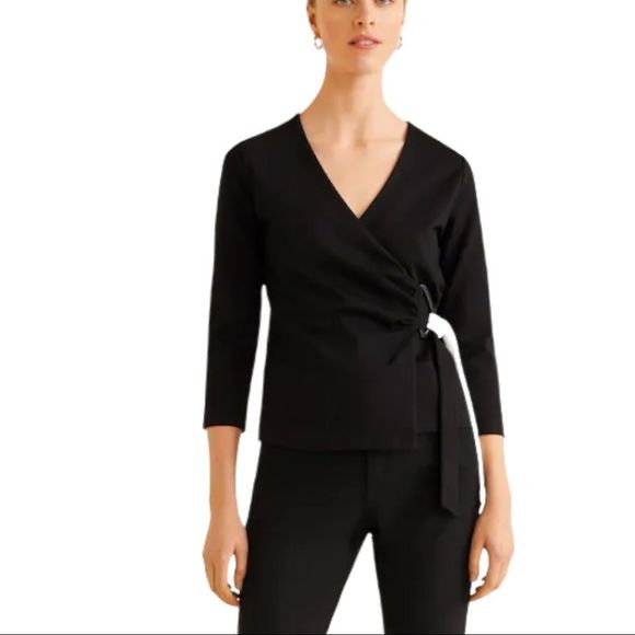 NWT MANGO Wrap bow BLOUSE Knitted fabric. Crossed V-neck. Buckle. Adjustable XS - Picture 2 of 9
